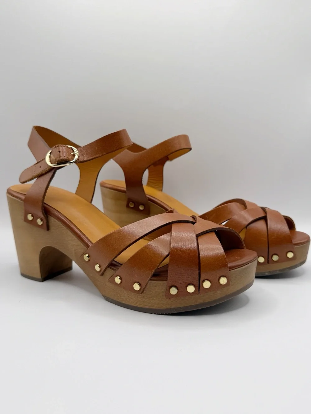 Sézane Isabelle Clogs Smooth Camel Leather Wooden Platform Sandals Brown 39 Shoe
